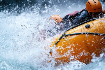 Close-up of intense whitewater rafting action