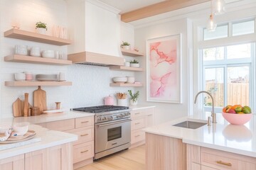 Modern Kitchen with Pink Accents and Wooden Shelves