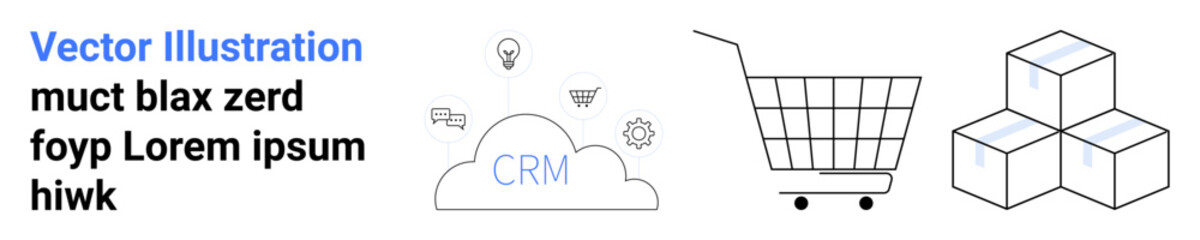 CRM cloud connecting e-commerce elements, including a shopping cart, boxes, and icons. Ideal for online retail, customer management, digital marketing, logistics, e-commerce platforms, sales