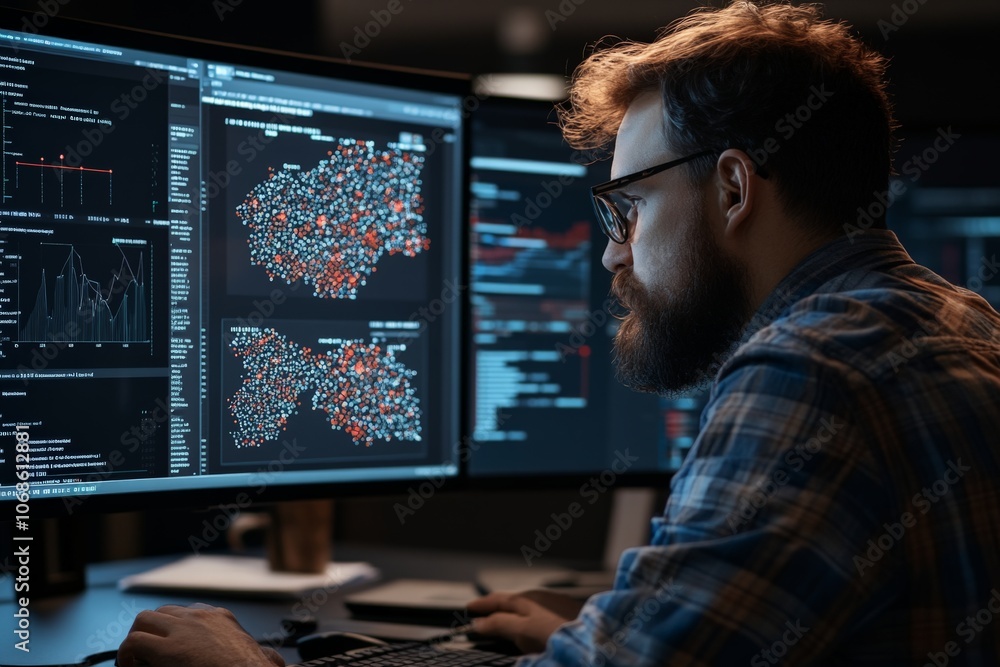 Poster a data scientist intensely studies complex graphs on computer screens, highlighting analysis, proble