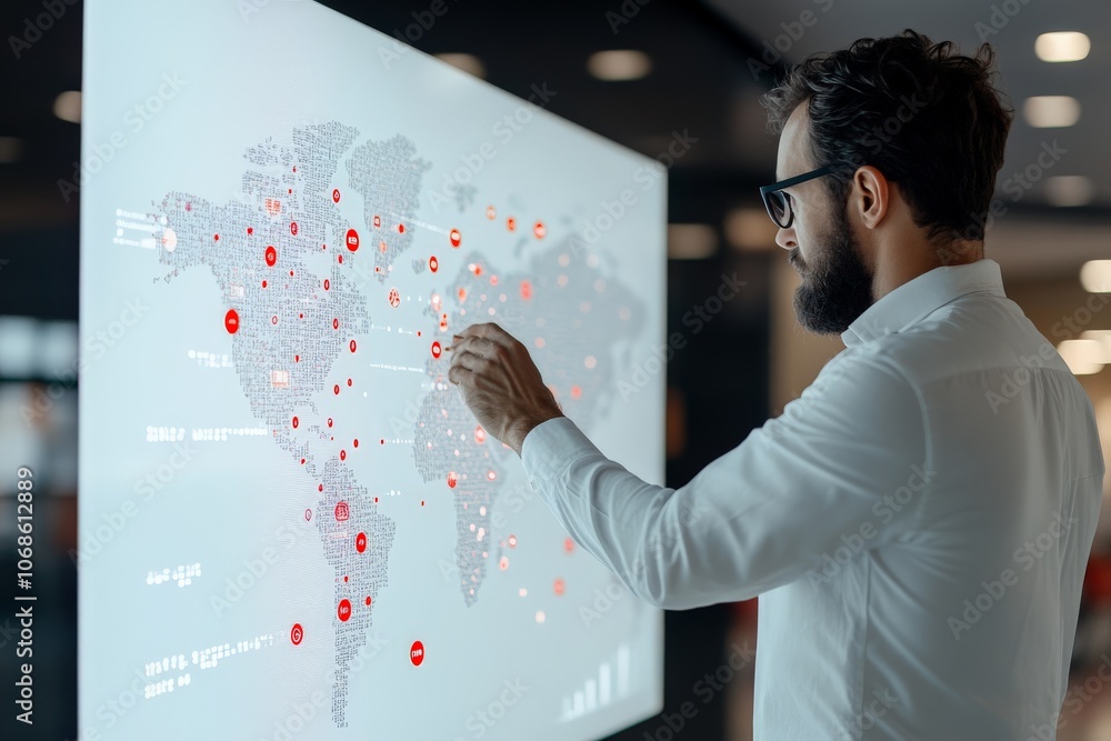 Poster a man interacts with a digital screen displaying a global map, emphasizing connectivity, technology,