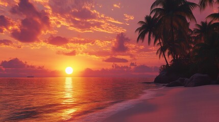 A serene sunset over a tranquil beach with vibrant pink and orange hues, palm trees silhouetted against the sky.