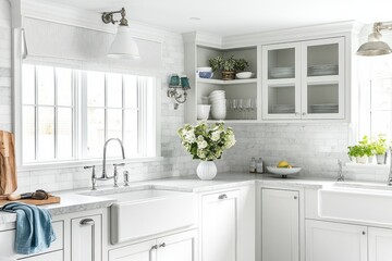 Modern White Kitchen with Farmhouse Sink and Window