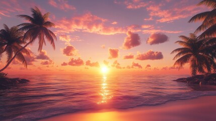 A stunning sunset over the tranquil ocean, framed by palm trees and vibrant pink and orange clouds.
