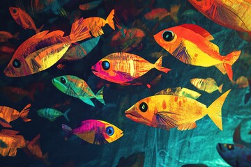 Naklejka premium Colorful fish in whimsical underwater illustration.