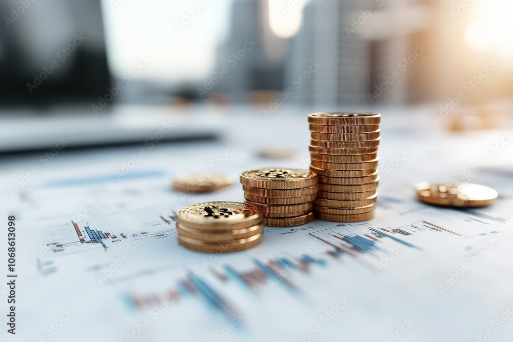 Poster a stack of shiny coins is placed on top of financial graphs and charts, symbolizing investment growt