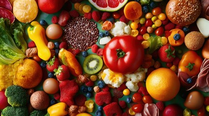 Diverse array of colorful nutritious fruits and vegetables spread out on a rustic wooden table showcasing the variety and abundance of natural wholesome produce