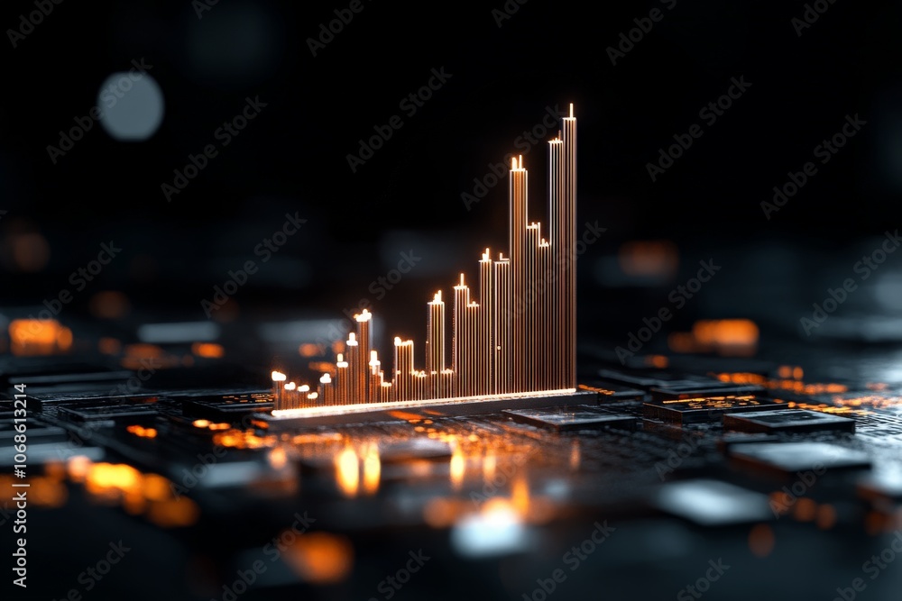 Poster lit-up bar graphs emerge from a dark, abstract city background, representing data analysis and econo