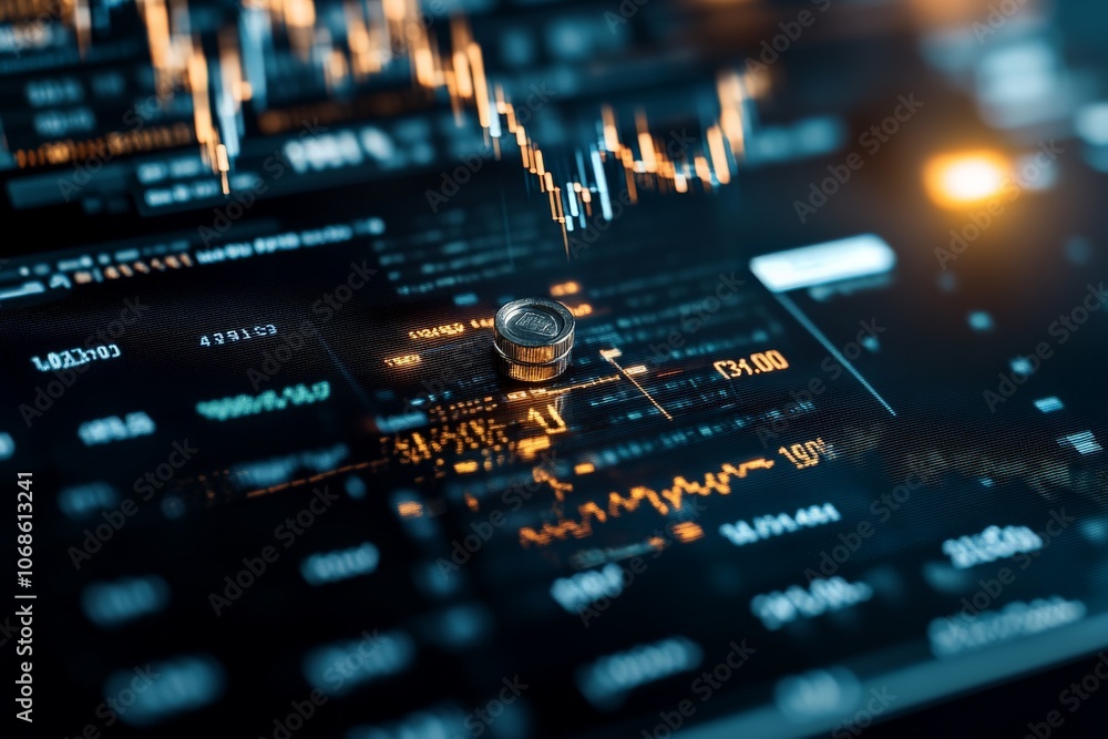 Poster this image shows digital currency trading with charts and numerical data on a virtual display, repre