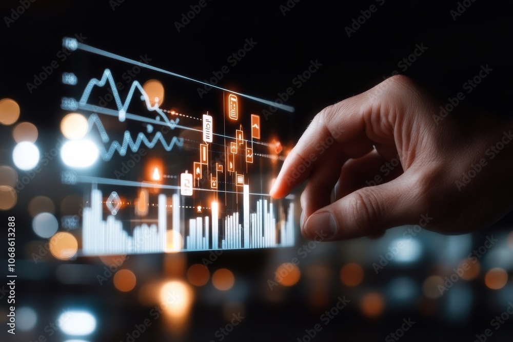 Poster a hand reaches toward a futuristic holographic screen displaying financial data analytics with graph