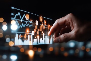 A hand reaches toward a futuristic holographic screen displaying financial data analytics with graphs and charts, symbolizing modern technology and finance trends.