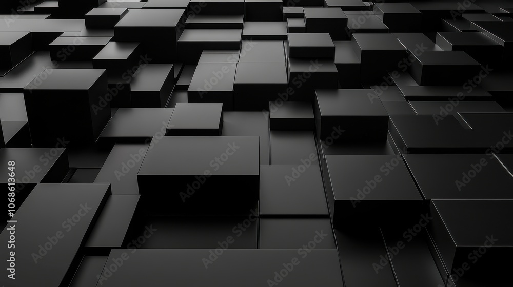 Poster abstract composition of matte black geometric boxes creating a modern and stylish background.