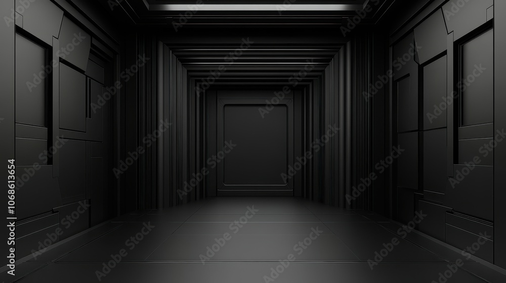 Poster futuristic black interior with sharp lines and abstract geometry, creating a dramatic and sleek atmo