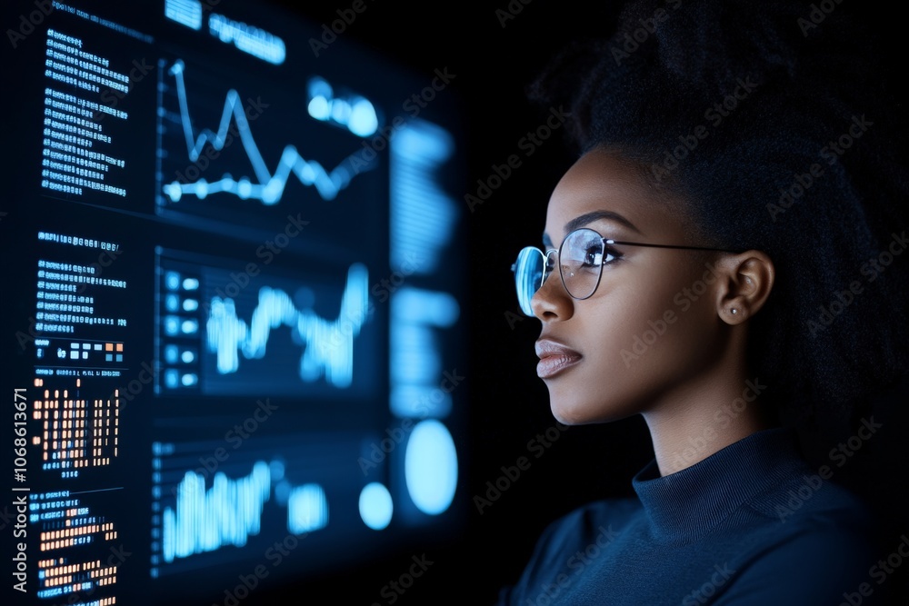 Poster a focused woman with glasses studies complex data visualizations and graphs on a large digital scree