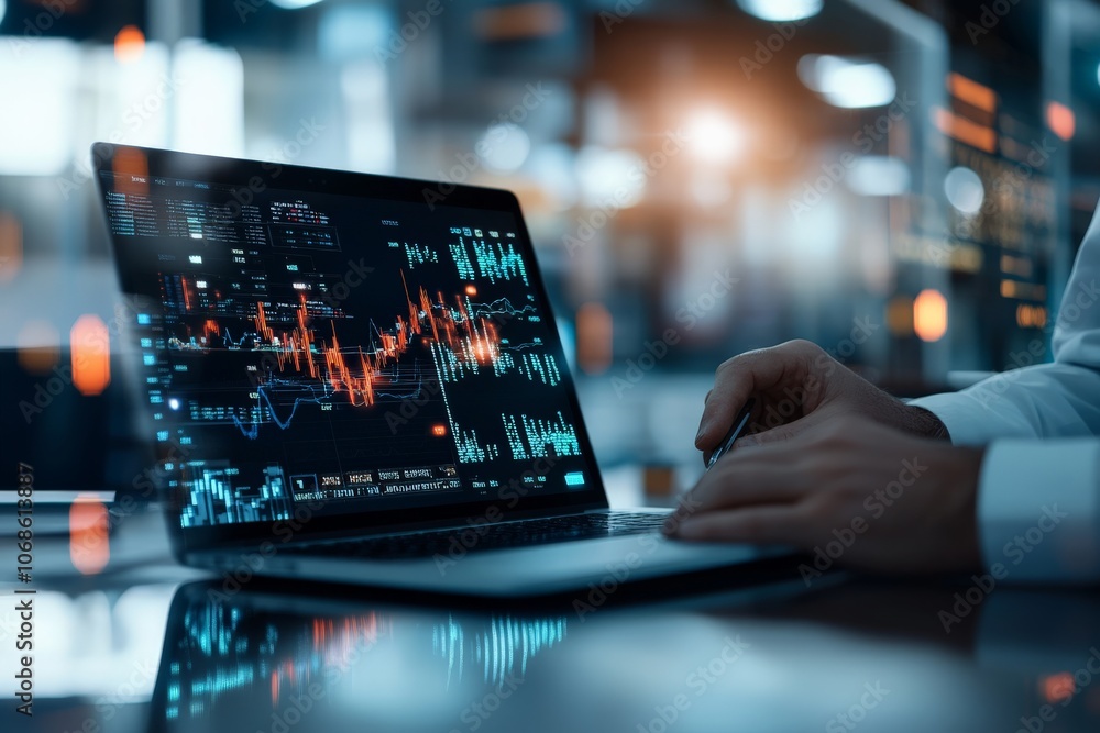 Poster a person interacts with a laptop displaying intricate graphs and stock data, representing financial 