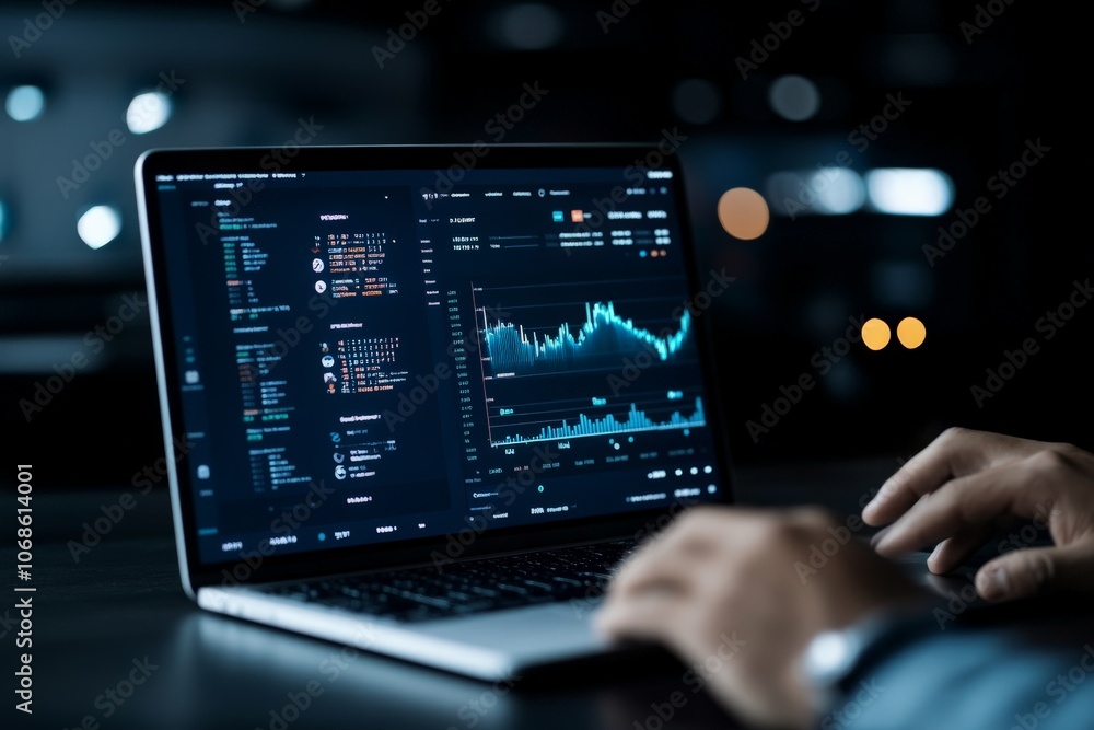 Poster hands typing on a laptop displaying complex graphs and data in a dimly lit environment, indicating f