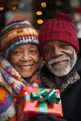 elderly black couple in winter , smiling and holding Christmas gifts, against the backdrop of New Year decorations. The focus is on their faces, both wearing colorful hats or scarves