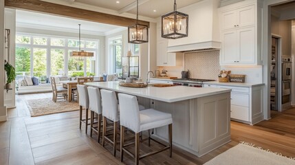 Kitchen Island with White Cabinets, Wooden Beams, and Bar Stools