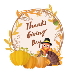 Happy Thanksgiving Day Poster Design with Cartoon Turkey Bird Character, Pumpkins and Leaves on PNG Background.
