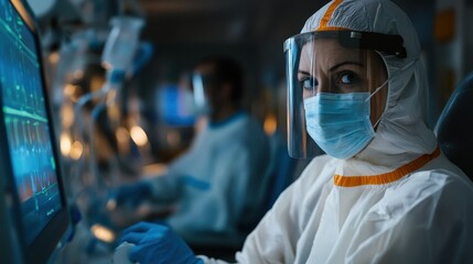 Healthcare workers in hazmat suits and protective gear analyzing COVID 19 data and research on digital screens in a hospital or laboratory setting during the global coronavirus pandemic outbreak