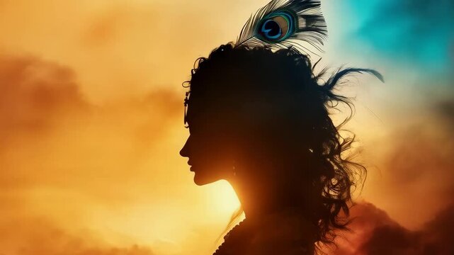 Silhouette of Hindu god Lord Krishna with peacock feather on sunset. Krishna Janmashtami, Govardhan Puja. Indian religious festival. Culture and religion concept 