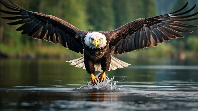 Majestic Bald Eagle in Flight: A breathtaking image of a bald eagle swooping down to catch its prey, showcasing its powerful wings and intense gaze.
