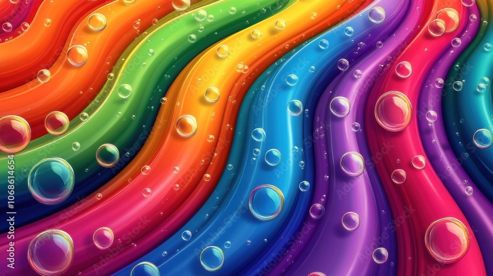 Poster a vibrant abstract design featuring colorful waves with bubbles, evoking a cheerful and dynamic mood