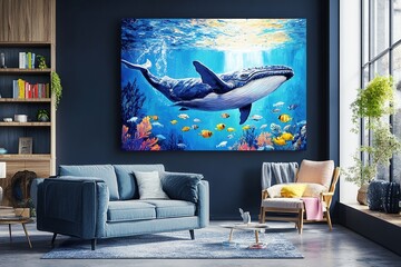 Vibrant whale artwork in modern living room interior design.