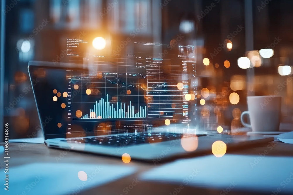 Aufkleber a laptop with digital charts and data overlays glows amid a bokeh-lit office setting, symbolizing mo