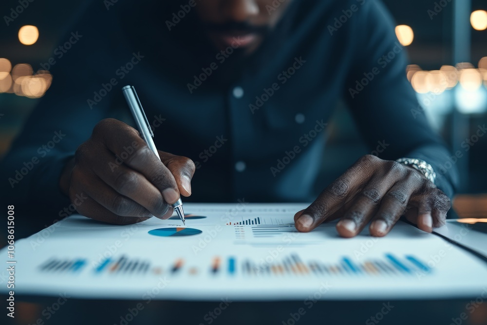 Poster a person intensely studying a printed graph and pie chart, symbolizing analysis and strategic planni