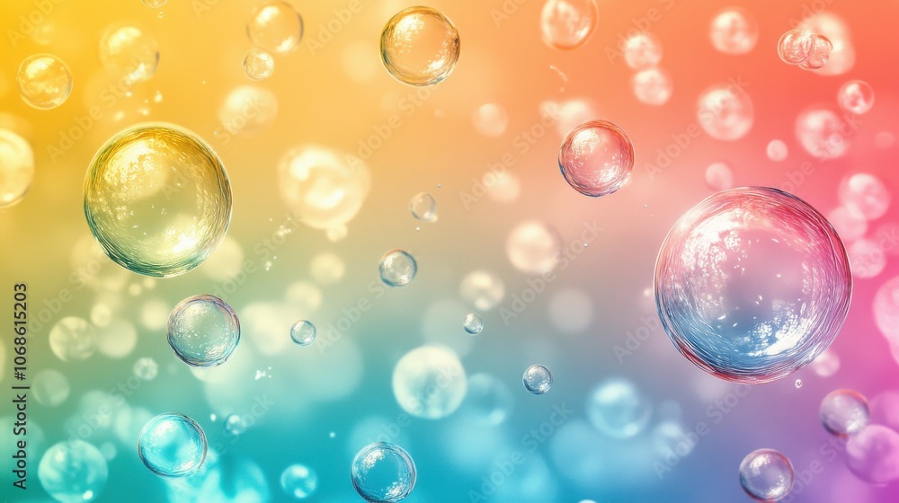 Poster a vibrant array of colorful bubbles floating gracefully against a soft gradient background.