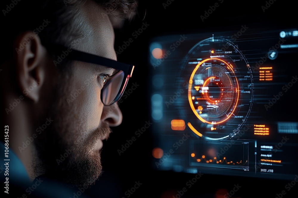 Poster a man wearing glasses focuses intently on a digital interface displaying futuristic graphics, highli