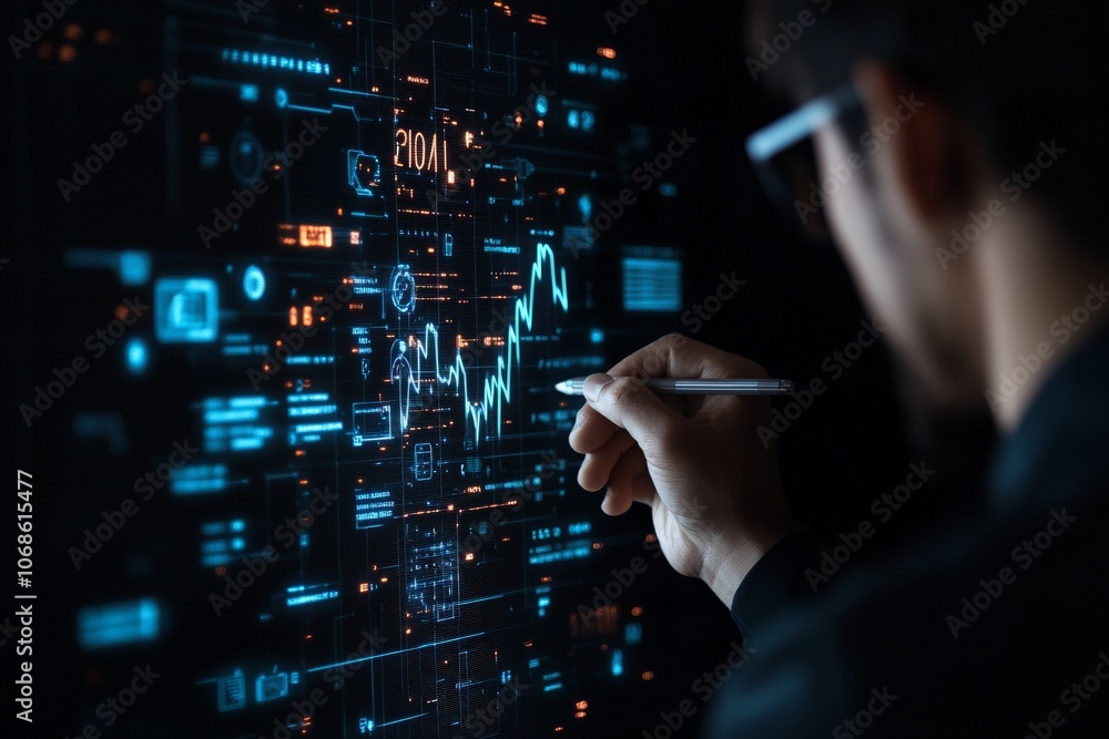 Poster a person with glasses uses a stylus to draw intricate graphs on a luminous digital interface, exempl