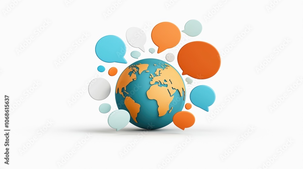 Aufkleber global multilingual connection: 3d rendering of diverse languages symbolized by speech bubbles aroun