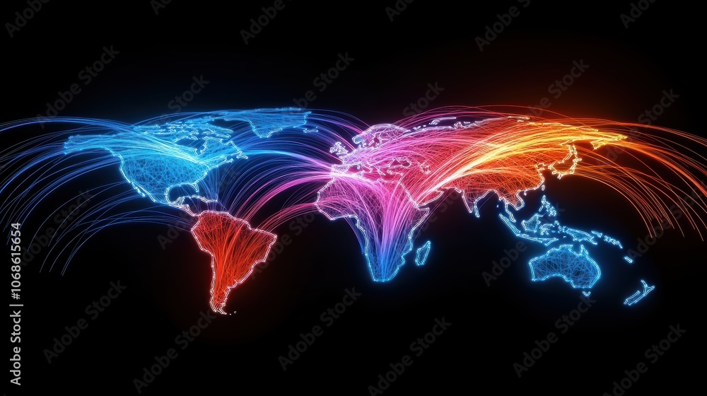 Poster global communication network - abstract digital connections linking continents in a multicultural co