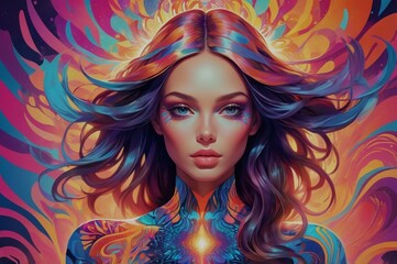 A glowing portrait of a model with abstract, bright patterns reflecting their personality, blending modern fashion and psychedelic elements.