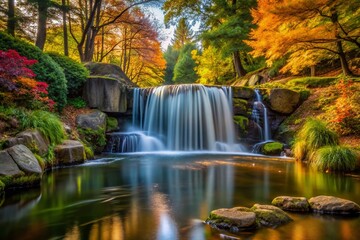 Obraz premium Serene Minimalist Waterfall in Park Setting, Tranquil Natural Landscape, Lush Greenery, Peaceful Escape, Calming Water Flow, Autumn Colors, Idyllic Retreat, Nature Photography
