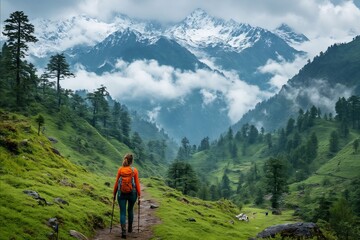 Fototapeta premium A person walking on a trail in the mountains