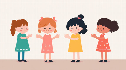 Four cheerful cartoon girls are happily interacting, dressed in colorful outfits against a light background, embodying friendship and joy.