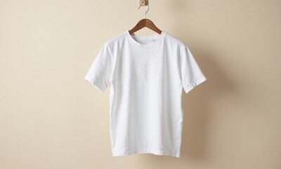 Mockup White t shirt wooden hanger pale background