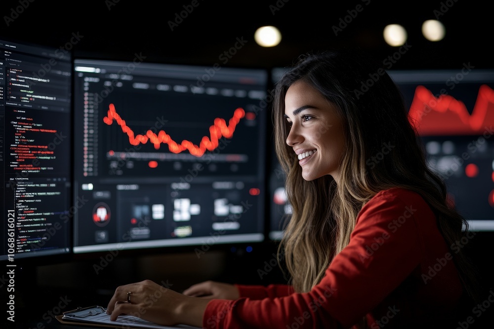 Poster a young woman looking at financial data and coding information on two computer screens, highlighting