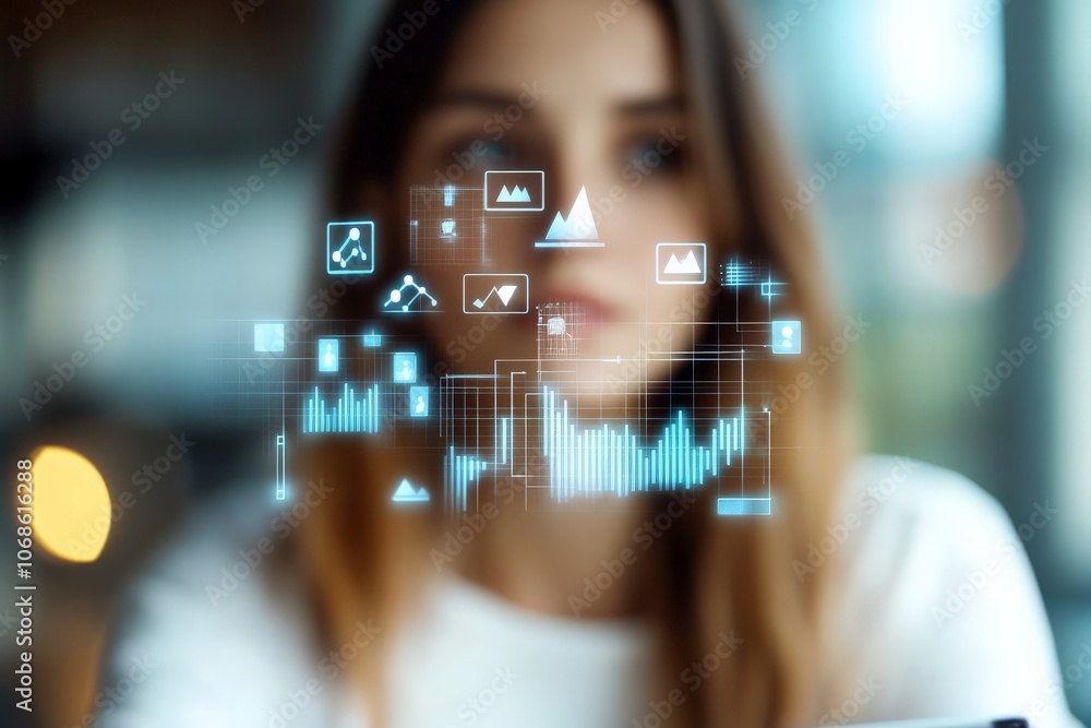 Poster image shows a woman interacting with a digital interface, analyzing various data visualizations and 