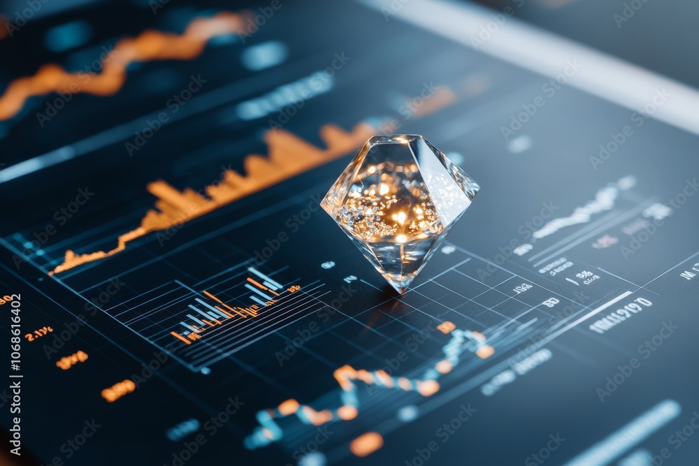 Poster a crystal rests on a digital screen showing vibrant orange and blue data graphs, signifying clarity 