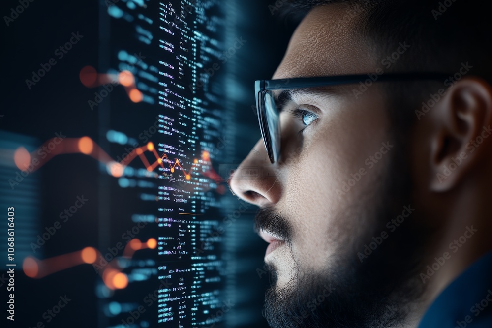 Poster a person in glasses observes detailed software code with an overlaid data graph, reflecting on techn