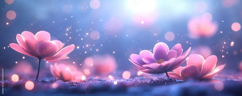 Poster ethereal pink flowers bloom softly under a shimmering light, surrounded by a dreamy bokeh backdrop, 