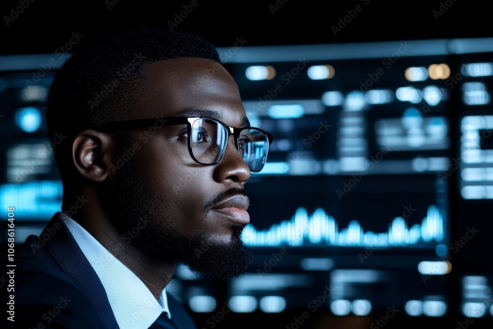 Poster a person in glasses focuses intently on digital data displays, epitomizing modern analytical methods