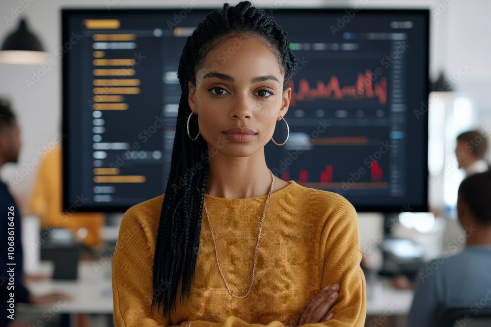 Poster a confident woman stands before a large screen displaying data and graphs in an office setting, sugg