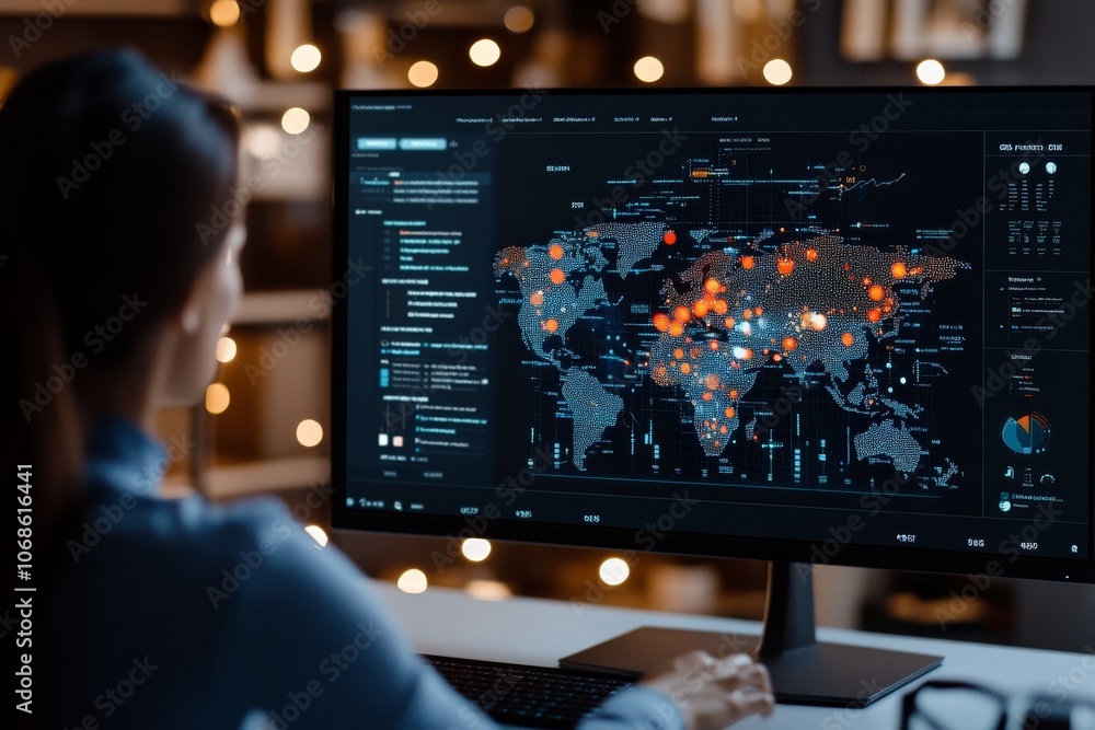 Poster an analyst focused on a computer screen featuring a detailed world map visualization, highlighting g