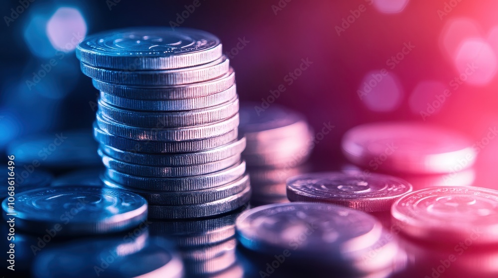 Aufkleber stack of metallic coins in blue and red light with blurred background showing the concept of financi