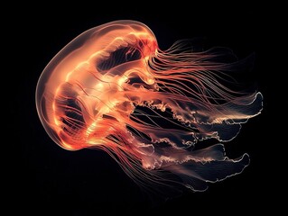 Luminous Orange Jellyfish Floating on Black Background.